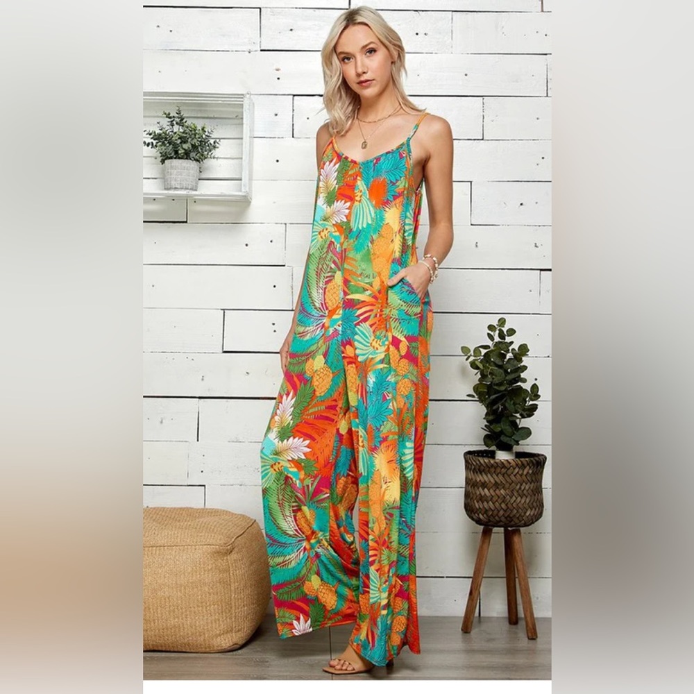 SPLA tropical print one size adj straps wide leg pockets new romper